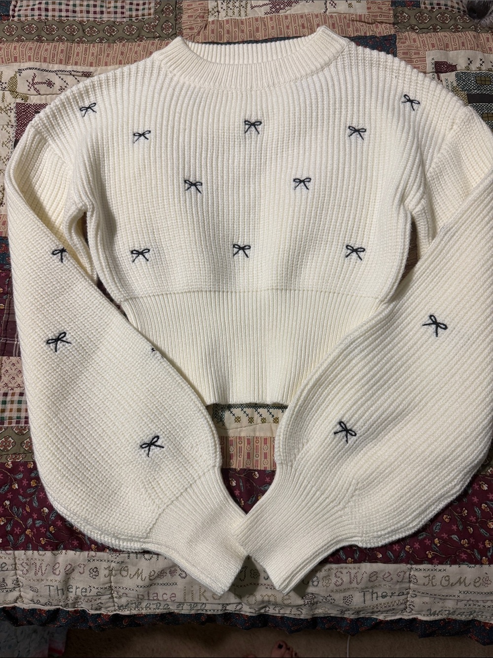 Altar'd State Cream Cropped Knit Sweater with Navy Bow Accents